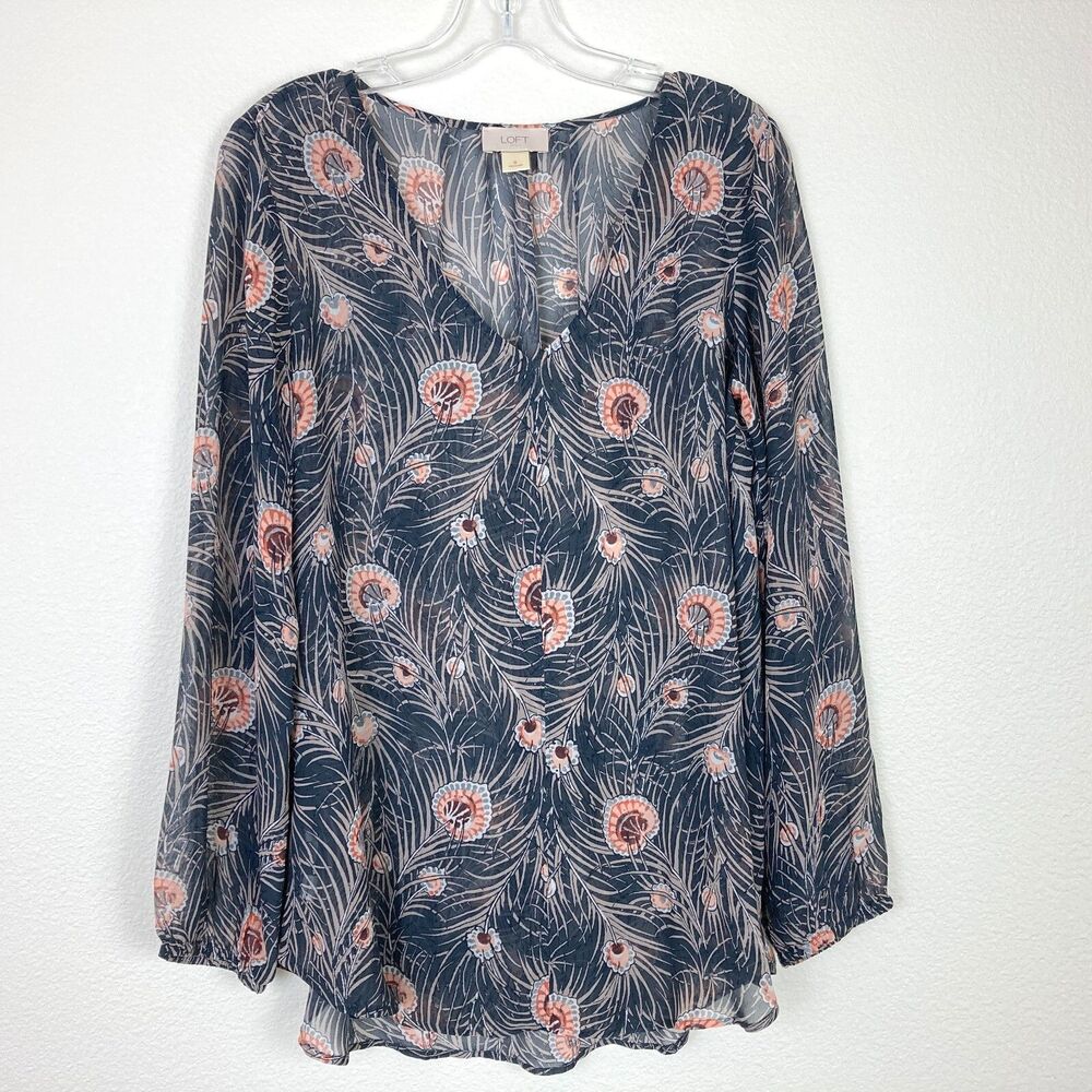 Loft Women’s Chiffon Sheer Top Size S Gray Tan Floral Balloon Sleeve See Thru